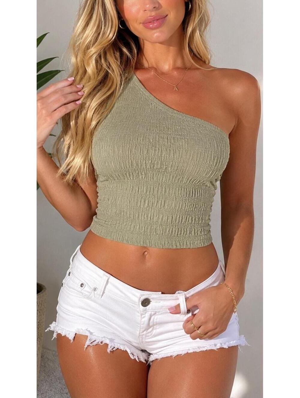 American Eagle Cropped One-Shoulder Olive Green Smocked Crop Top Woman’s Medium
